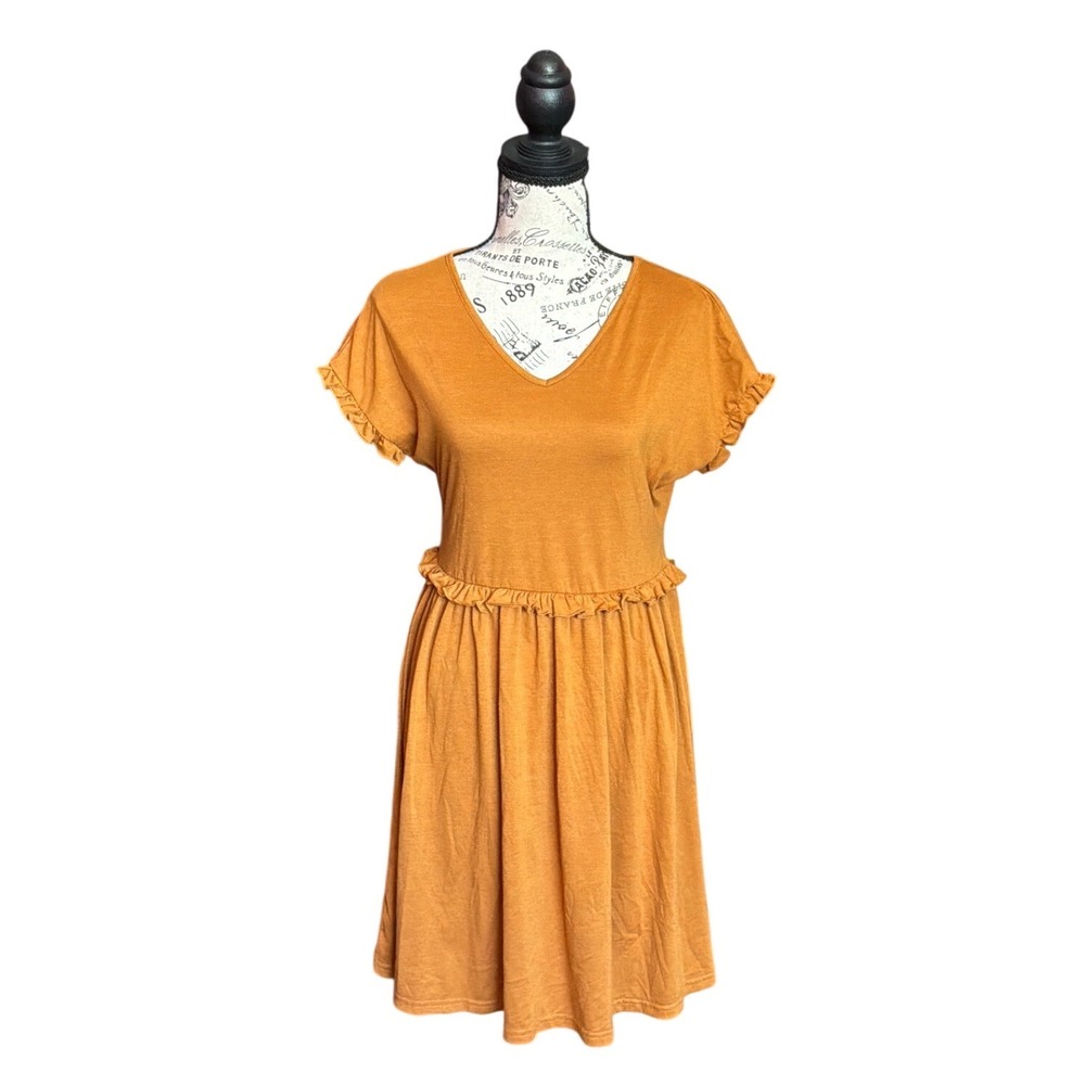 SHEIN Mustard Yellow Ruffle Trim V-Neck Fit and Flare Mini Dress Size Medium